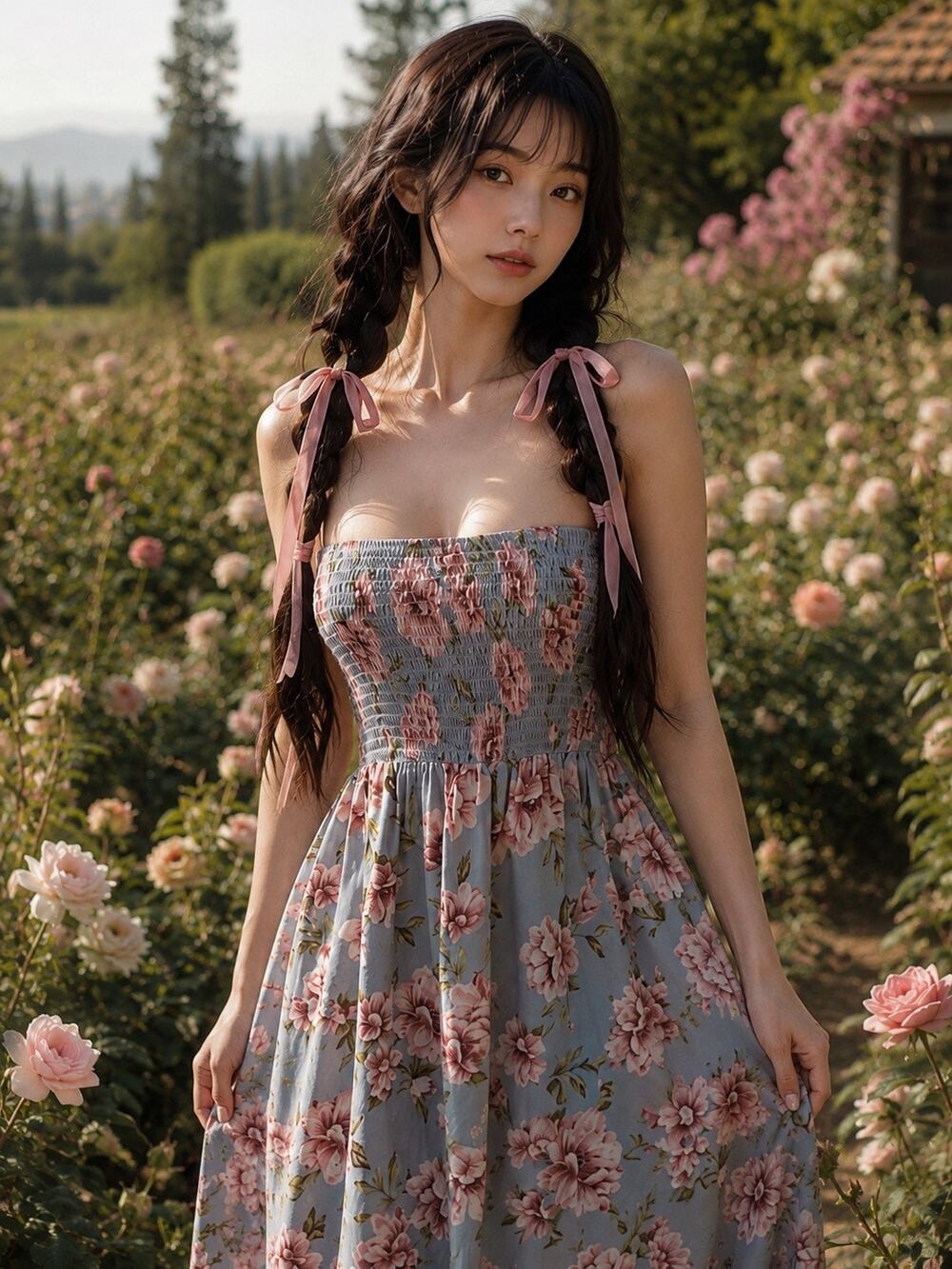 Soft Skies & Secret Gardens blooming cottagecore strapless smocked maxi dress
